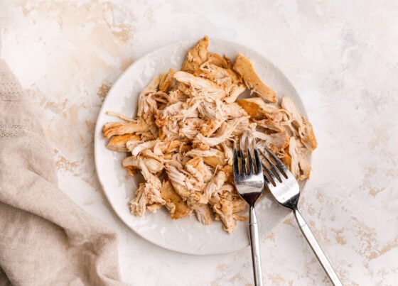 Shredded chicken breasts on a plate.