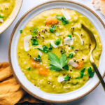 An overhead photo of a bowl of vegan split pea soup.