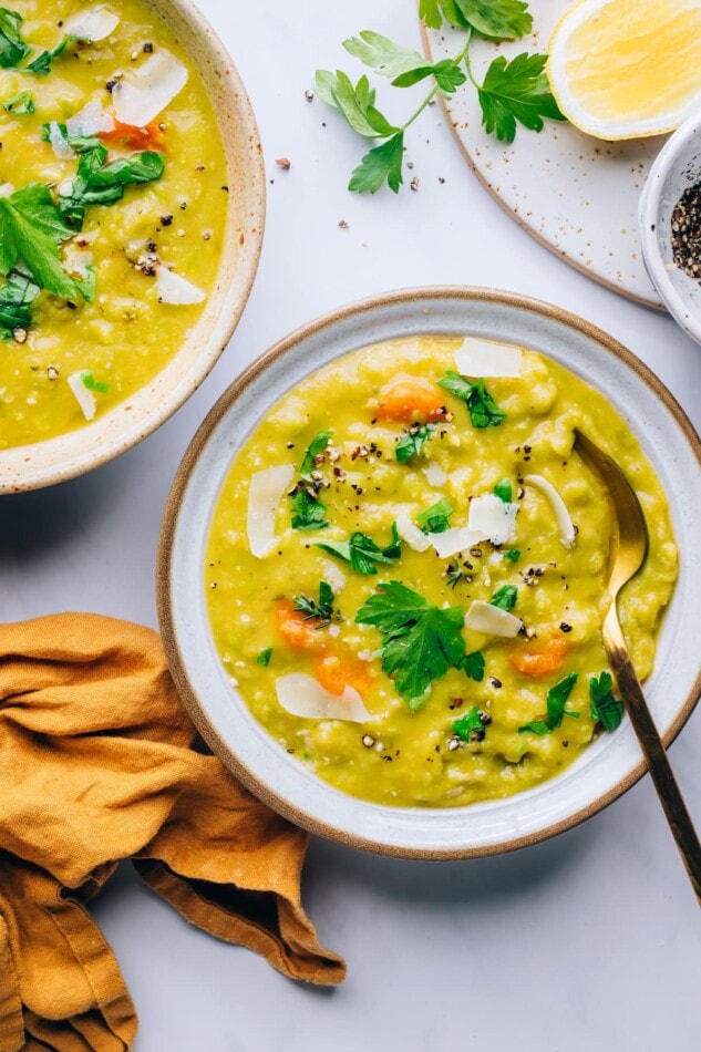 A bowl of vegan split pea soup.