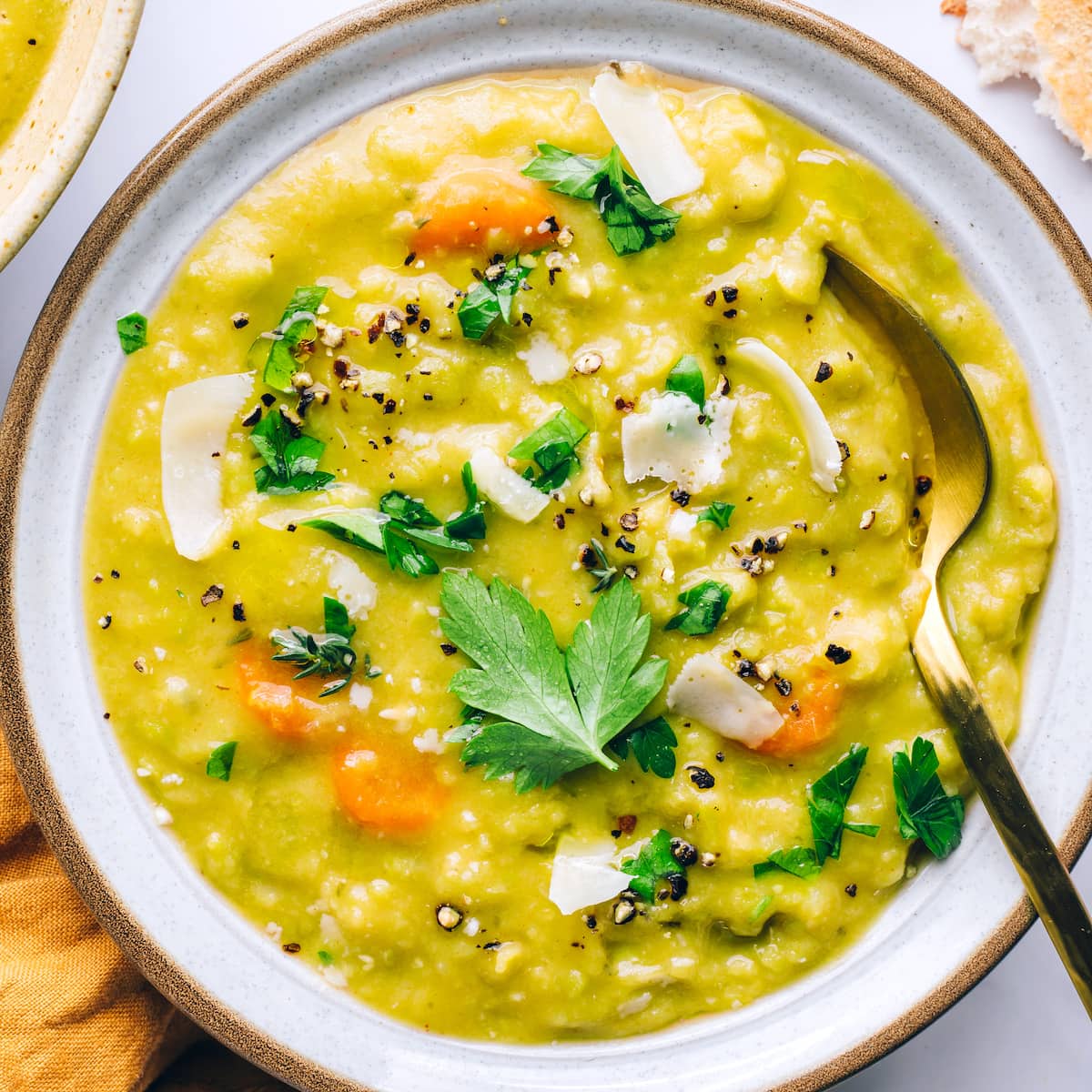 A bowl of vegan split pea soup.