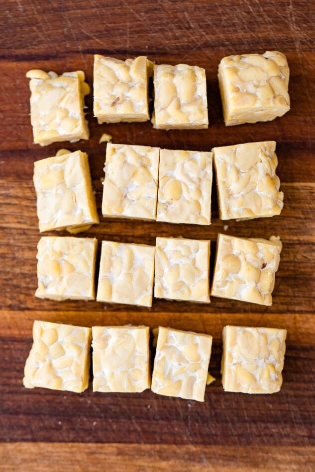 Tempeh square cut into 4x4 cubes.