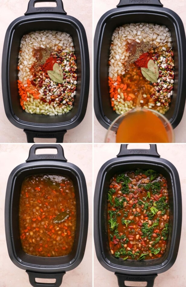 Collage of four photos showing how to make bean soup in the slow cooker.