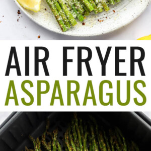 Plate of air fryer asparagus topped with parmesan, red pepper and lemon. Photo below is of asparagus in an air fryer.