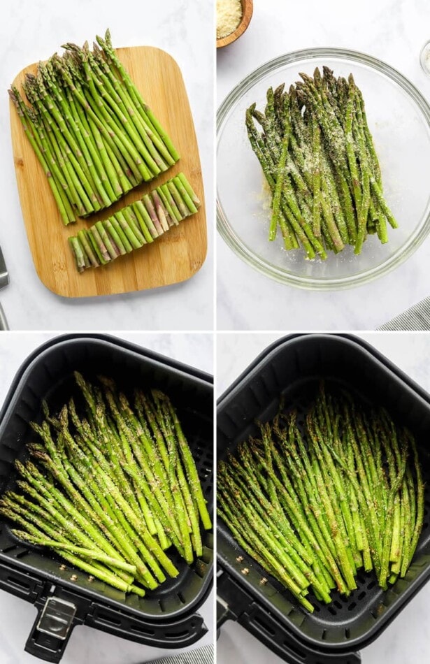 Collage of four photos: cutting off the ends of asparagus, seasoning the asparagus and then air frying the asparagus.