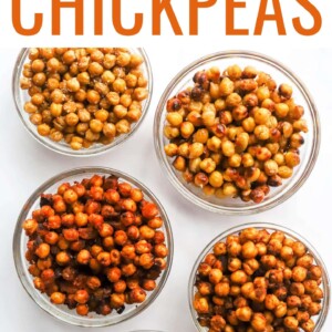 Five bowls of air fryer chickpeas: basic, honey, bbq, chili lime and ranch,