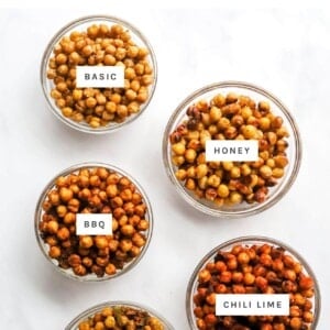 Five bowls of air fryer chickpeas: basic, honey, bbq, chili lime and ranch,