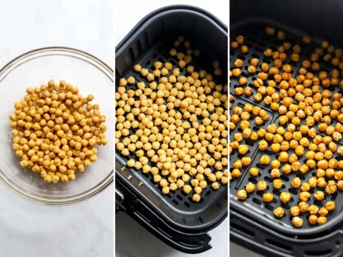 Three photos showing the process to make air fryer chickpeas: season chickpeas in a bowl, add to an air fryer basket and air fry until crispy.