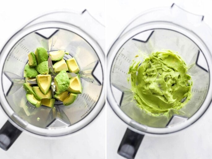 Side by side photos of avocado chunks in a blender, before and after being blended.