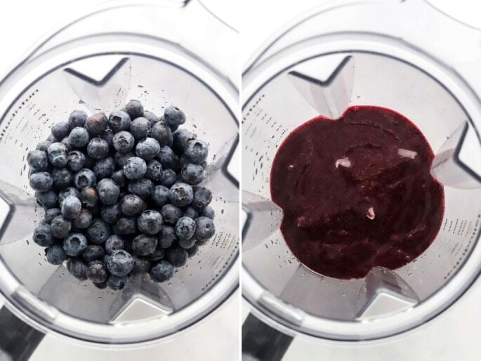 Side by side photos of blueberries before and after being pureed in a blender.