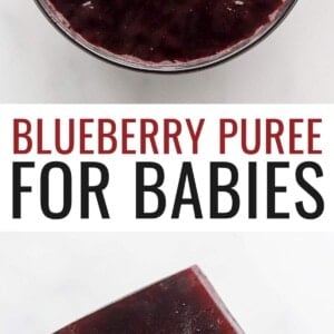 A bowl of blueberry puree with a purple spoon resting in the bowl. Photo below is of two frozen cubes of the blueberry puree.