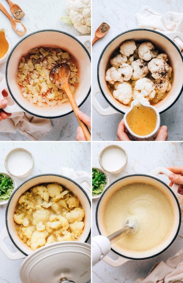 Collage of four photos with steps on how to make cauliflower soup: cooking onions in a dutch oven, adding cauliflower and stock, covering the cauliflower to cook, and finally blending the soup with an immersion blender.