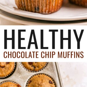Stack of two chocolate chip muffins, photo below is of chocolate chip muffins in a tin.