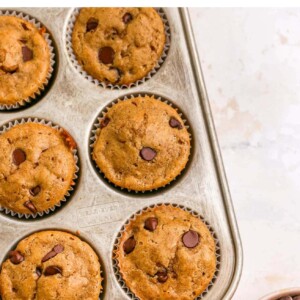 Muffins tin of chocolate chip muffins.