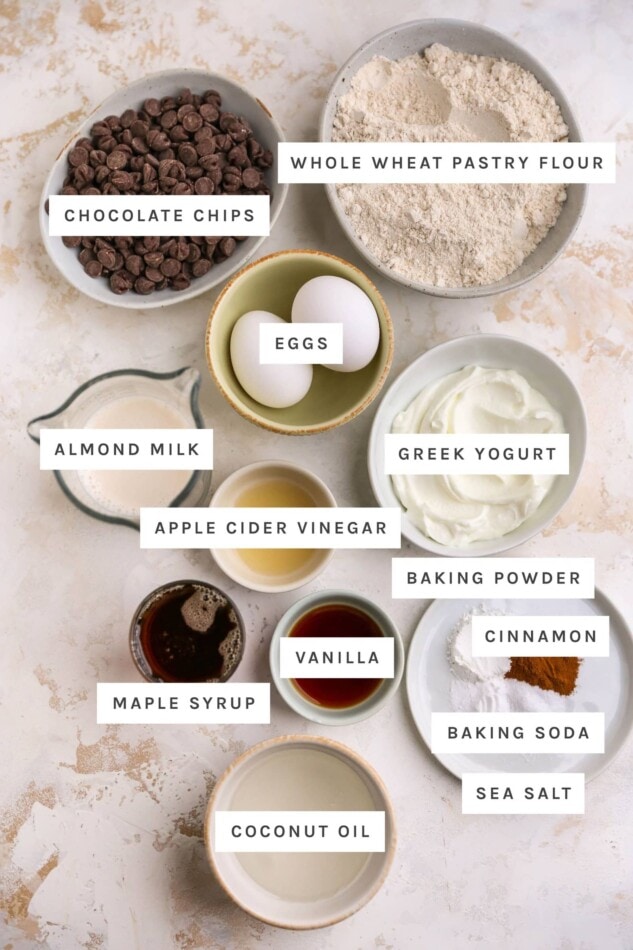 Ingredients measured out to make healthy chocolate chip muffins: chocolate chips, whole wheat pastry flour, eggs, Greek yogurt, almond milk, apple cider vinegar, baking powder, cinnamon, vanilla, baking soda, sea salt, maple syrup and coconut oil.