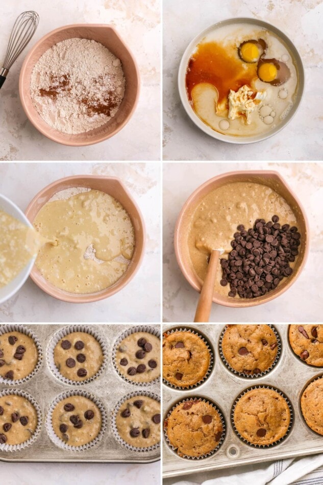 Collage of 6 photos showing how to make healthy chocolate chip muffins: mixing dry ingredients, wet ingredients, mixing batter together, adding chocolate chips, and then baking in a muffin tin.