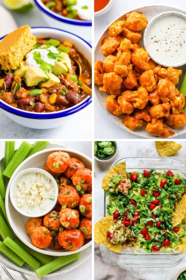 Collage of four photos: turkey chili, buffalo cauliflower, buffalo meatballs and 7-layer dip.