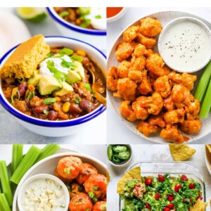 Collage of four photos: turkey chili, buffalo cauliflower, buffalo meatballs and 7-layer dip.