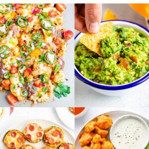 Collage of 4 photos: cauliflower nachos, guacamole, zucchini pizza bites and buffalo cauliflower.
