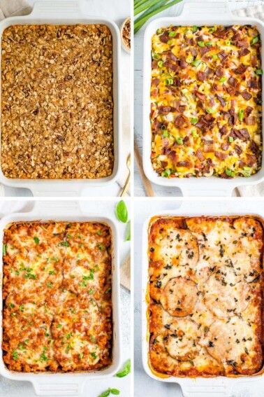 Collage of four casseroles: sweet potato, chicken confetti, turkey eggplant and baked eggplant parmesan.