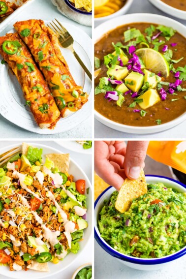 Collage of four photos: chicken enchiladas, black bean soup, taco salad and guacamole.