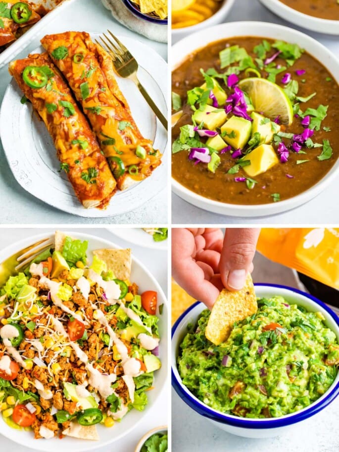 Collage of four photos: chicken enchiladas, black bean soup, taco salad and guacamole.