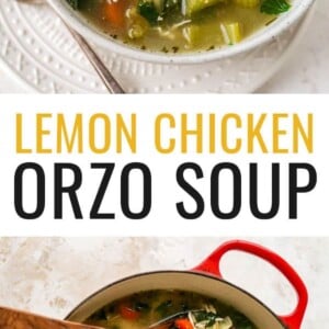 A bowl of lemon chicken orzo soup. Photo below is of the soup in a dutch oven with a wooden spoon.