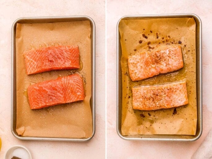 Side by side photos of two salmon filets on a parchment-lined baking sheet, before and after being baked.