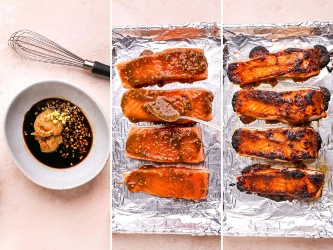 Collage of three photos: the miso glaze ingredients in a bowl before mixing, spoon pouring the miso glaze over salmon filets, salmon cooked on a foil-lined baking sheet.