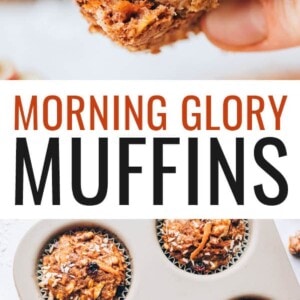 A morning glory muffin with a bite taken out of it. Photo below is of six muffins in a tin.