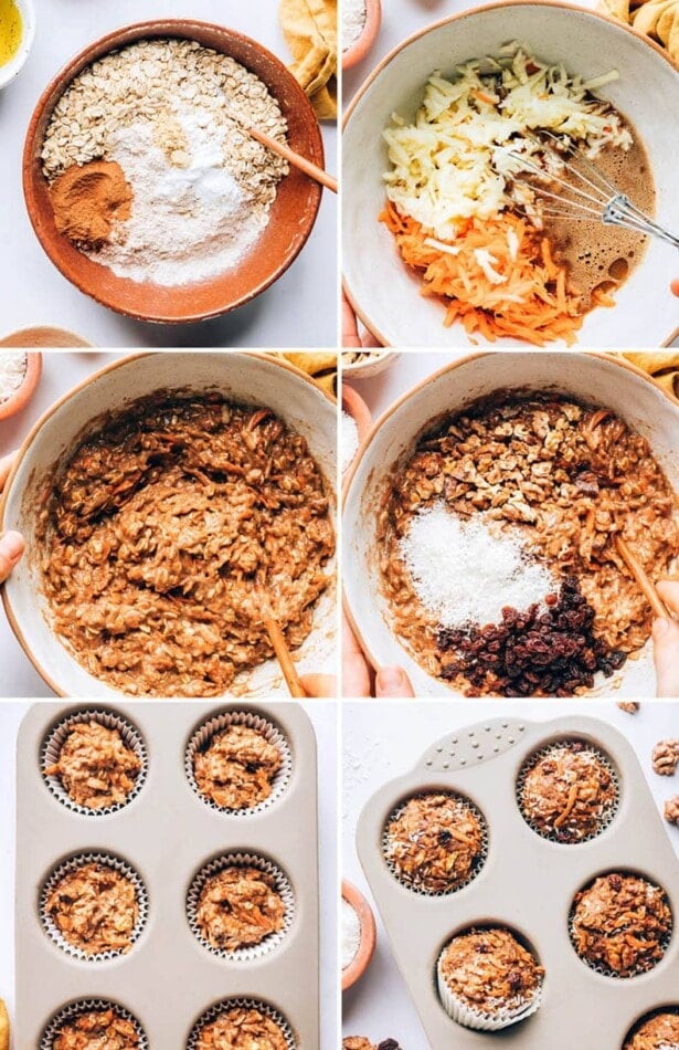 Collage of 6 photos showing the steps to make morning glory muffins: from mixing the batter to baking the muffins.