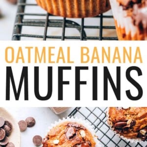 A closeup of an oatmeal banana muffin on a wire cooling rack. Photo below is of muffins on a cooling rack.
