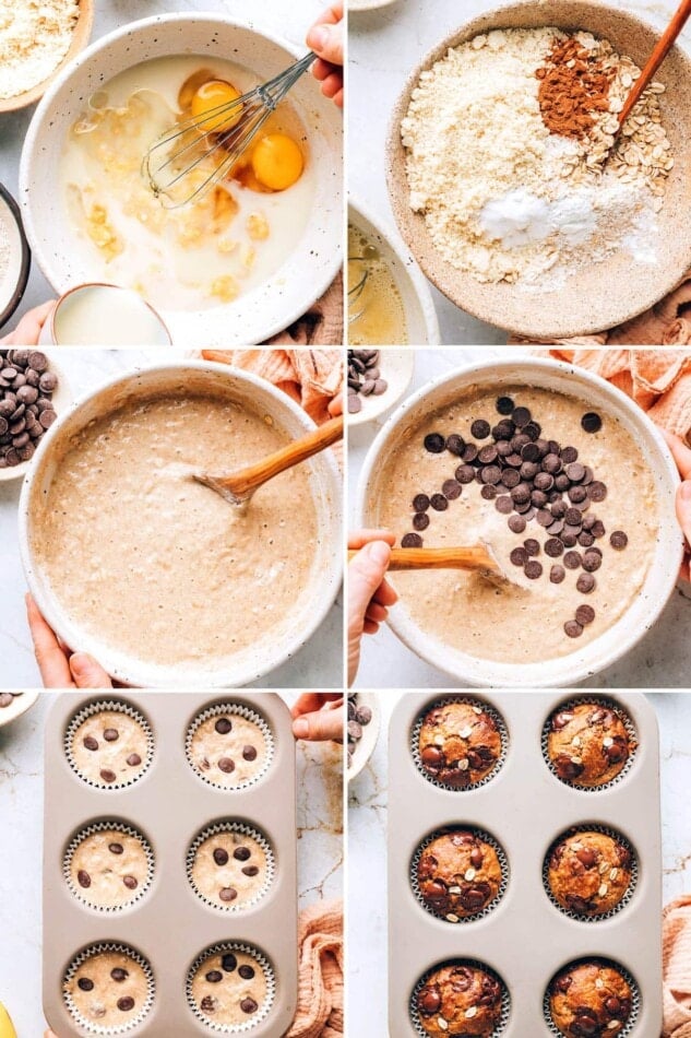 Collage of 6 photos showing making the batter for oatmeal banana muffins, and baking the muffins in a tin.