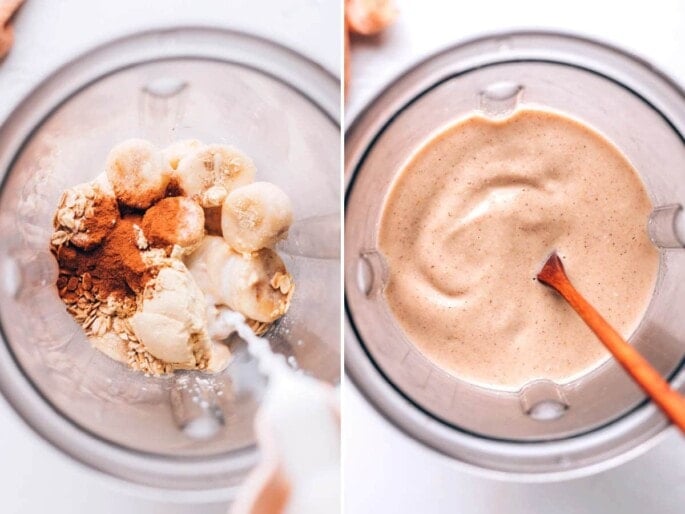 Side by side photos of ingredients for a protein oatmeal smoothie in a blender, before and after being blender.