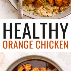 An overhead photo looking at a bowl of healthy orange chicken served over rice. A fork has a piece of chicken on it. Photo below is of the orange chicken in a skillet.