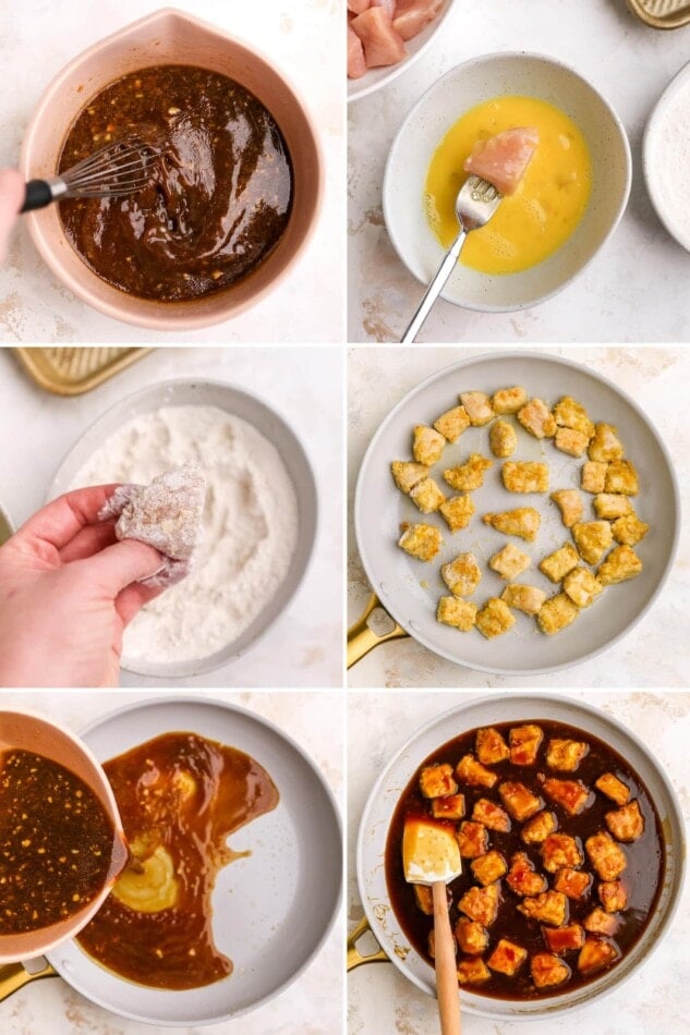 Six photos in a collage with steps how to make orange chicken, making the sauce, breading the chicken, cooking the chicken in a skillet and adding the sauce.