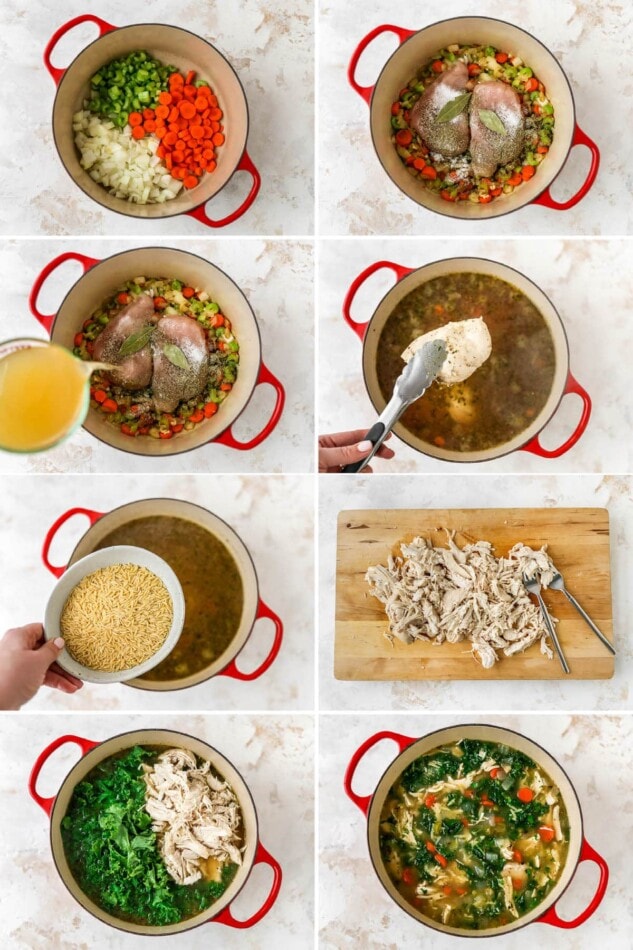Collage of 8 photos showing the steps to make lemon chicken orzo soup in a dutch oven.