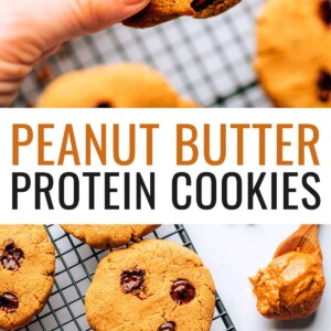 Hand holding a chocolate chip peanut butter protein cookie, photo below of the cookies on a cooling rack.