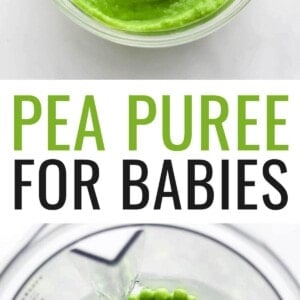 A small jar of pea puree. A purple baby spoon is resting in the jar. Photo below is of peas in a blender.