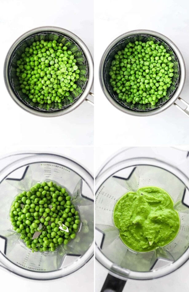 Collage for four photos with the steps on how to make pea puree for babies: two photos of frozen peas being steamed in a steamer basket and then two photos of the peas before and after being blended in a blender.