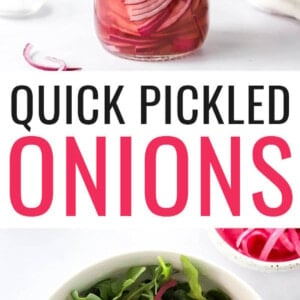 Glass jar full of pickled red onions. Photo below: Salad topped with pickled red onions.