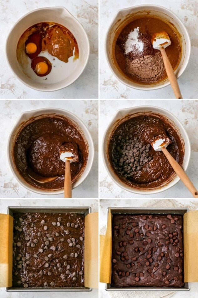 Collage of 6 photos showing how to make protein brownies: mixing the brownie batter and then baking the brownies in a pan.