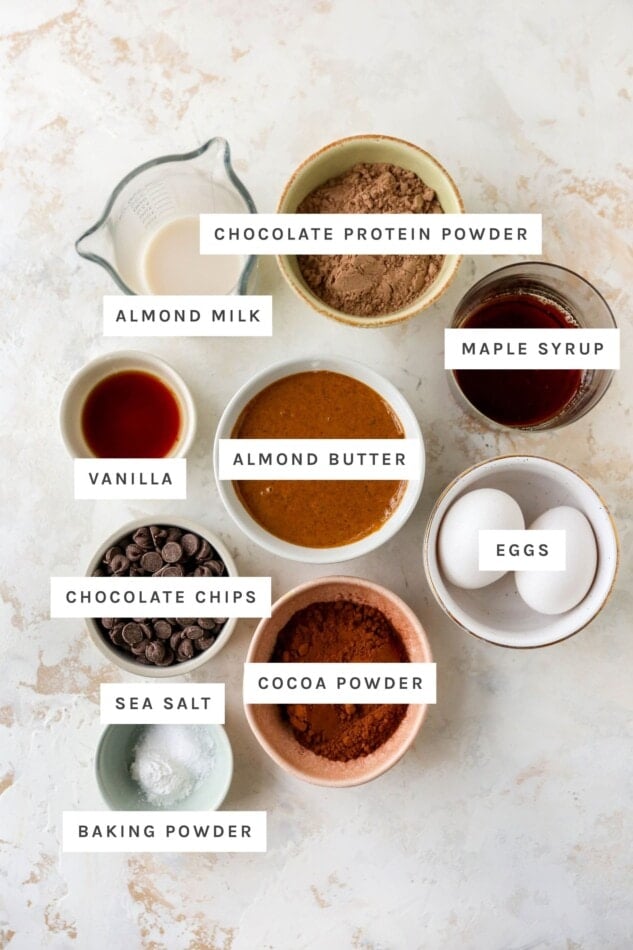 Ingredients measured out to make protein brownies: chocolate protein powder, almond milk, maple syrup, almond butter, vanilla, eggs, chocolate chips, cocoa powder, seat salt and baking powder.