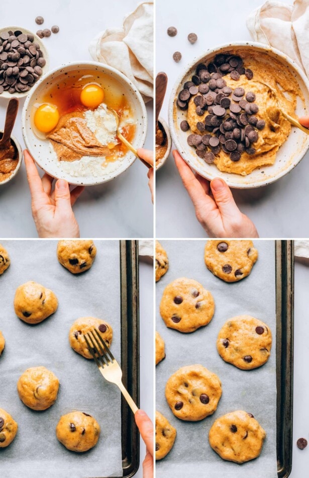 Collage of four photos showing the steps to make protein cookies: mixing the batter, forming into balls on a cookie sheet and then pressing down with a fork.