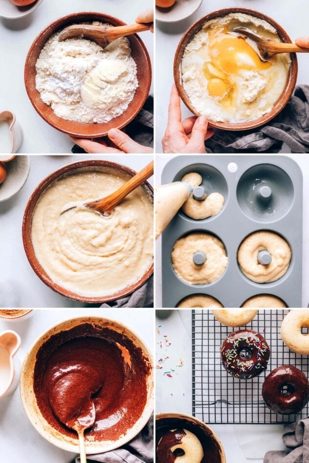 Collage of six photos, showing how to make protein donuts, from making the batter, baking the donuts, making the chocolate icing and then icing and decorating the donuts.