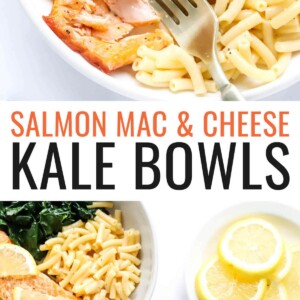 A bowl with macaroni and cheese, kale and a filet of salmon. A fork is breaking apart the salmon filet. Photo below is of two bowls of salmon mac and cheese kale bowls.