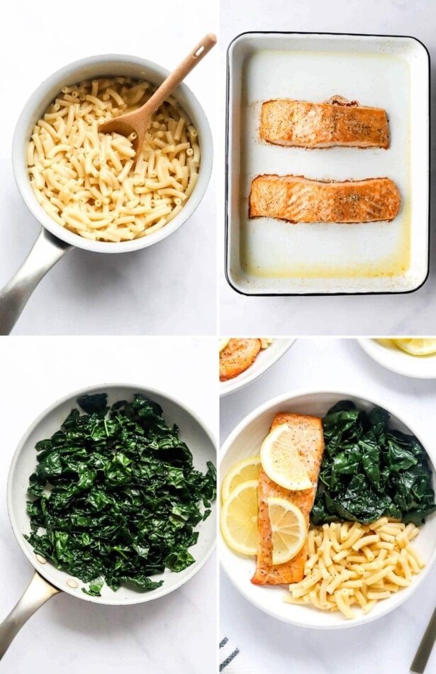 Collage of four images: pot of prepared boxed mac and cheese, two filets of cooked salmon on a baking dish, skillet of cooked kale, and finally a photo of a salmon, mac and cheese kale bowl topped with lemon slices.