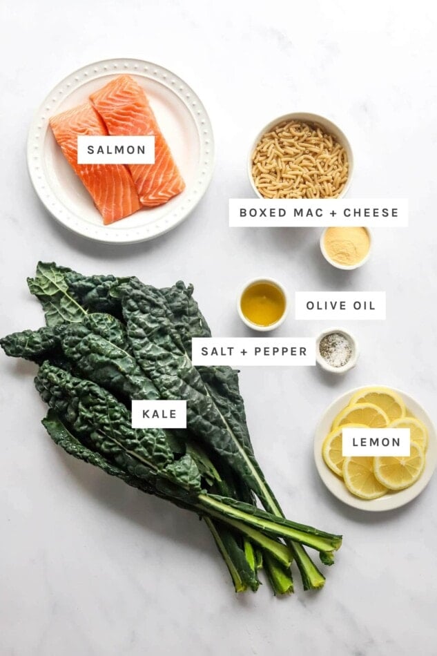 Ingredients to make salmon mac and cheese kale bowl measured out: salmon, boxed mac and cheese, olive oil, salt, pepper, kale and lemon.