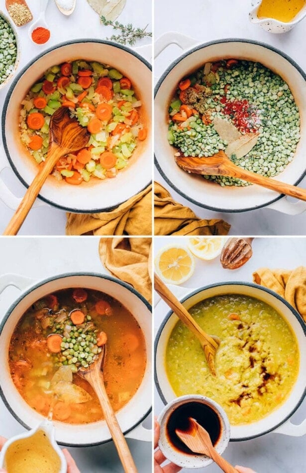 Collage of four photos showing the steps to make split pea soup.