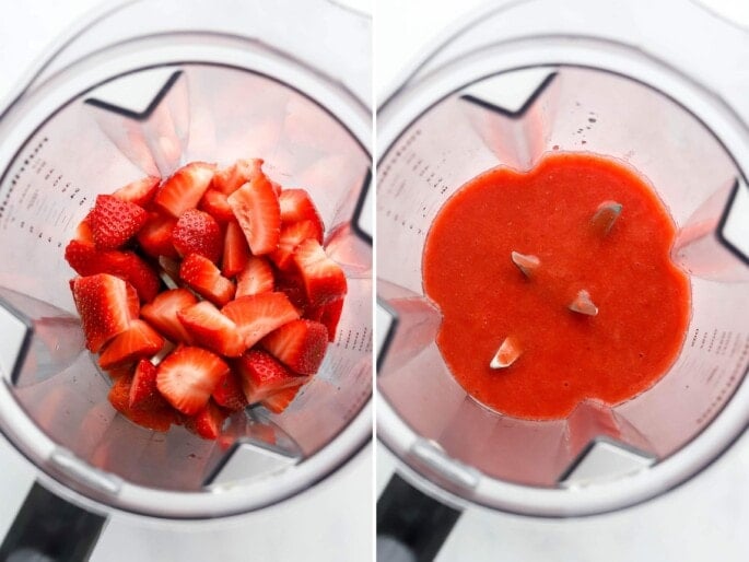 Side by side photos of strawberries in a blender, before and after being blended.