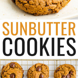 Close up photo of a chocolate chip sunbutter cookie, photo below is of the sunbutter cookies on a cooling rack.